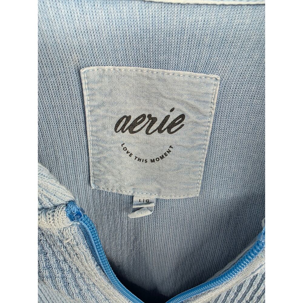 Aerie Ribbed Distressed Full Zip Light Blue Hooded Sweatshirt Size Large - Picture 3 of 5